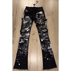 Rockstar Original Mens Black Paint Splatter Flare Cargo Jeans 30 Punk Grunge Y2k